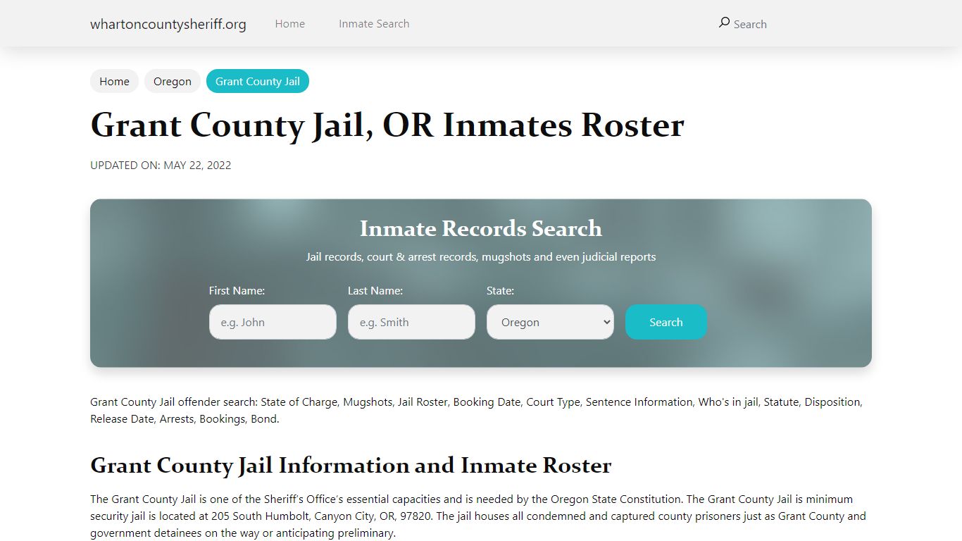 Grant County Jail, OR Jail Roster, Name Search